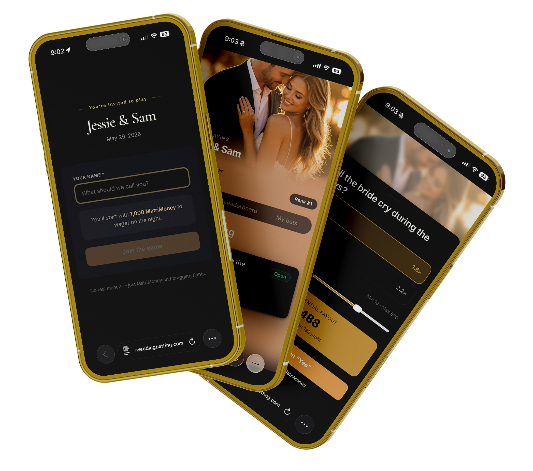 Wedding guest phones showing the MyWeddingBetting prediction game interface